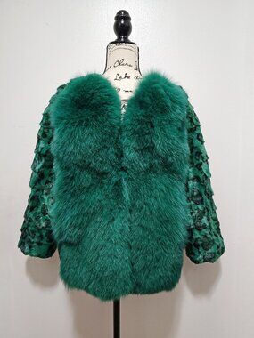 NewReal Mink Fur Coat Striped Mosaic Pieced Emerald Pine Green Leopard Print Fox